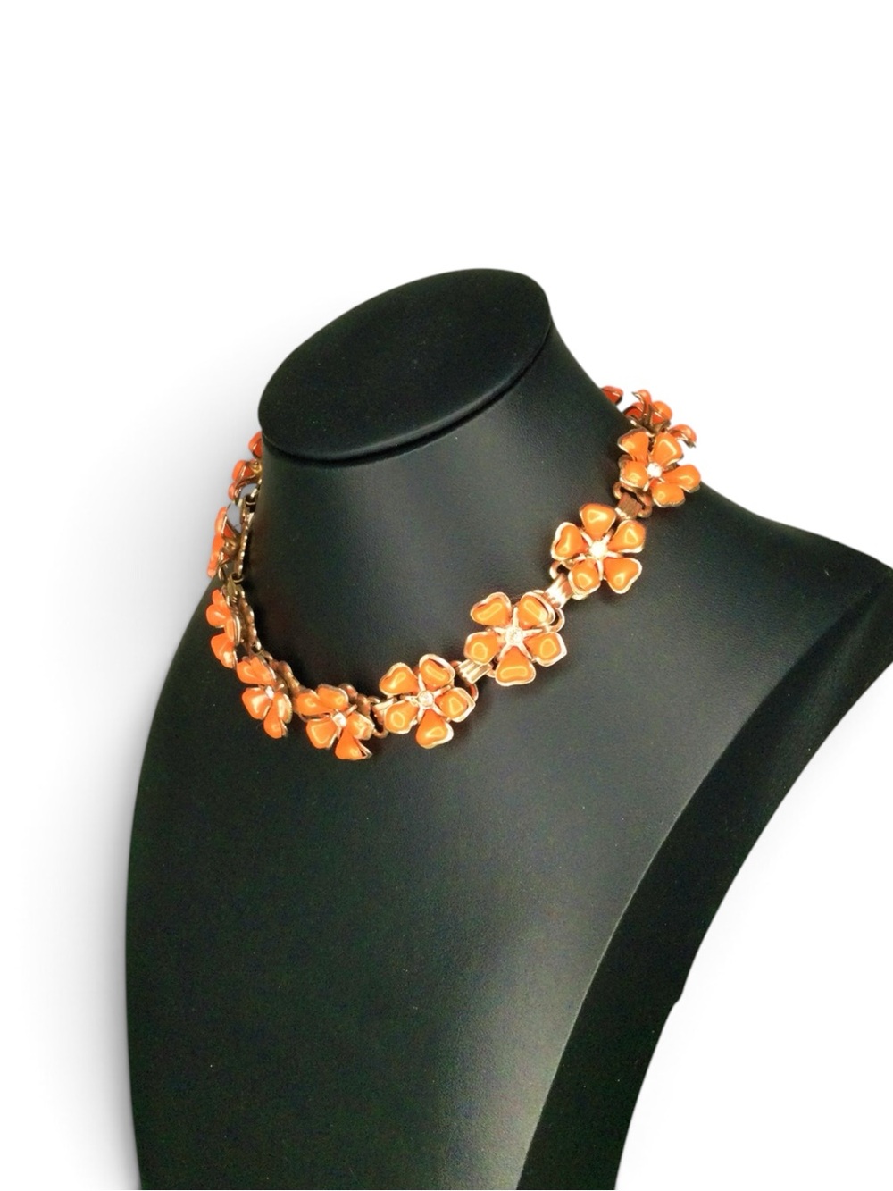 Vintage Orange Thermoset & Rhinestone Brass-Tone Floral Statement Necklace - Picture 8 of 14